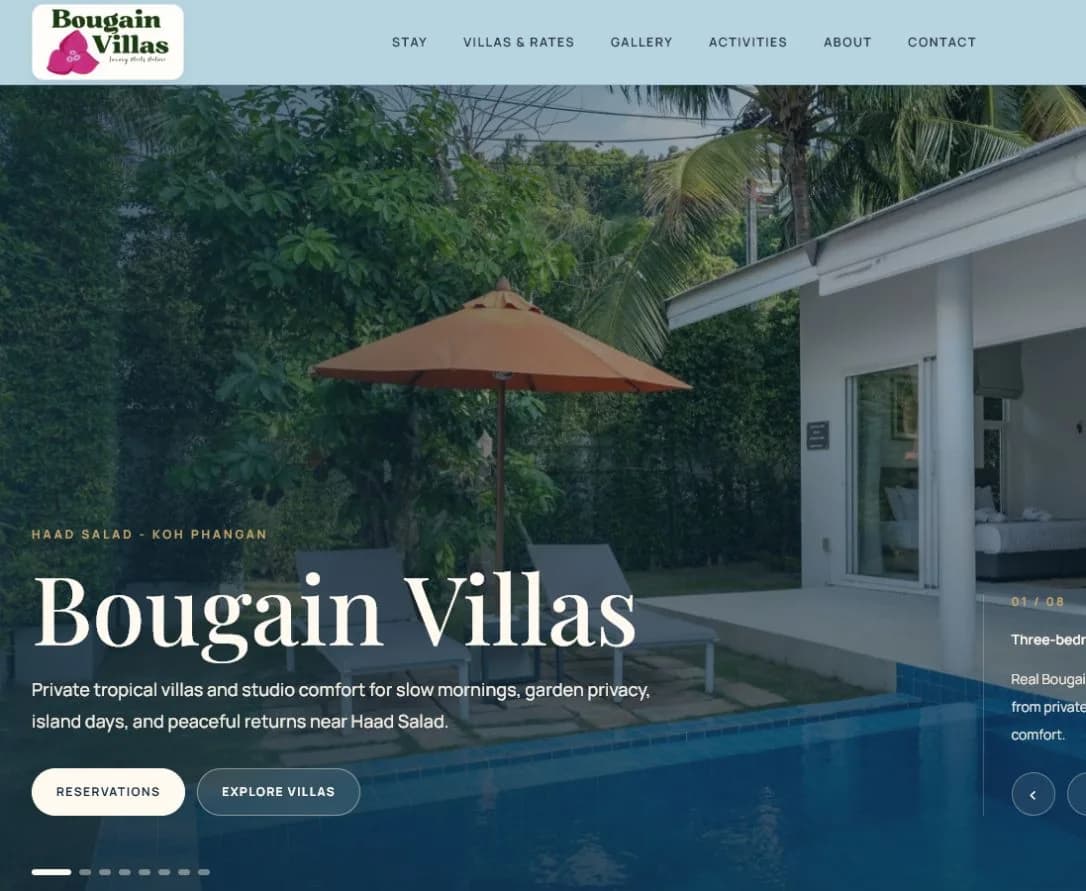 Screenshot of the delivered Bougain Villas client website