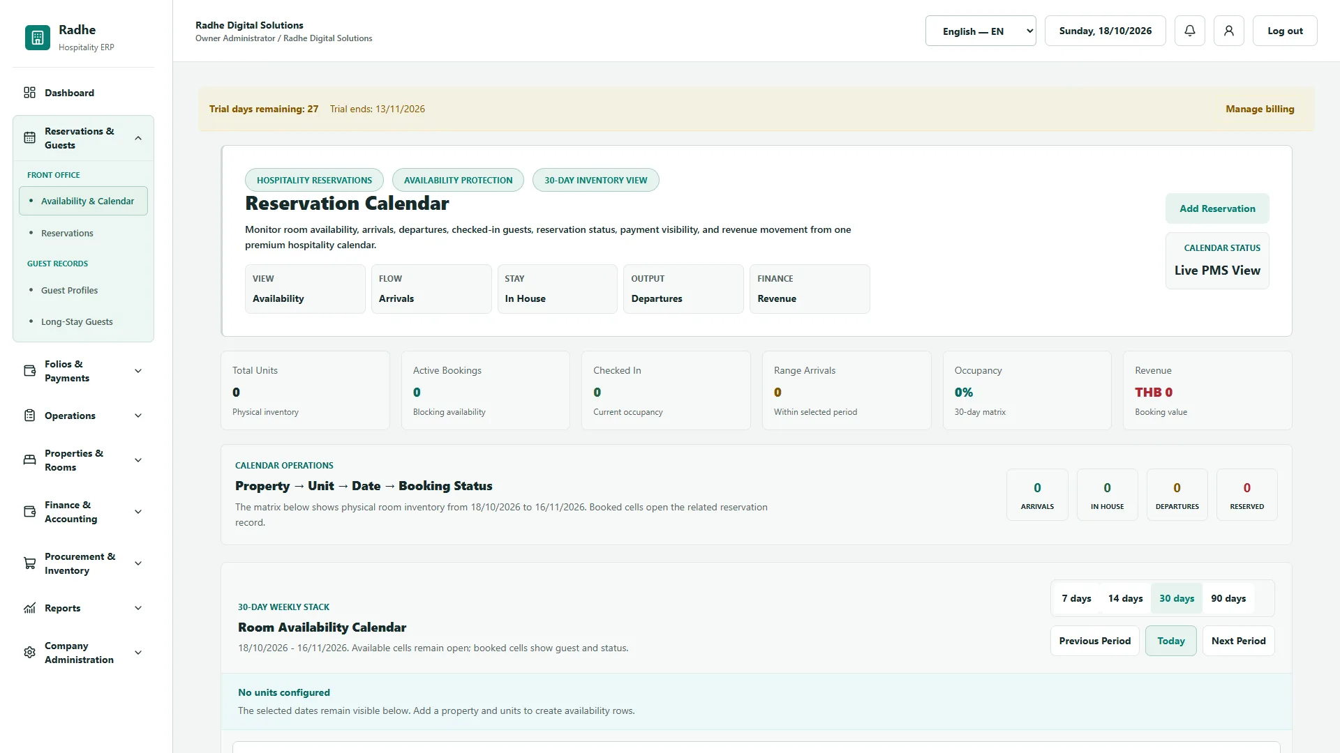 Radhe Hospitality ERP — 30-day reservation calendar (English interface)