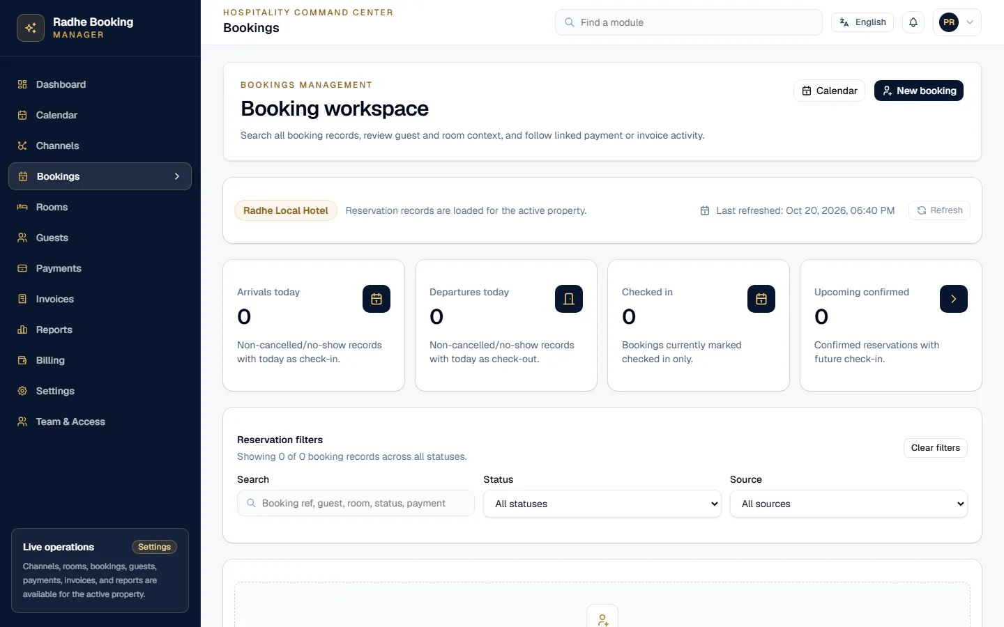 Radhe Booking Manager — Booking management (English interface)
