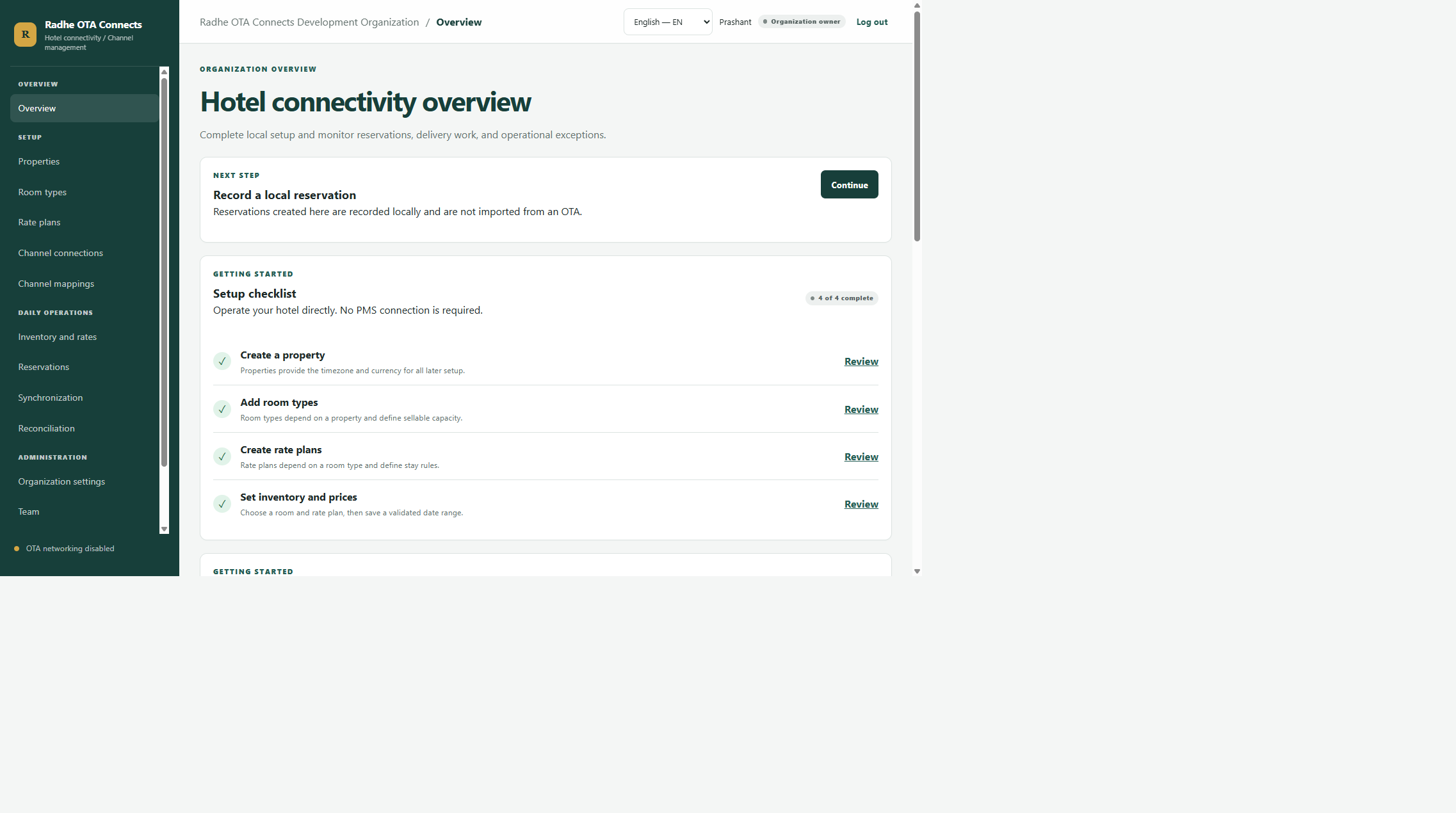 Radhe OTA Connects channel workspace